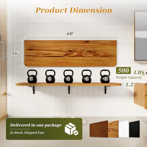 Dogsky Floating Wall Desk 60" x 16" - 500 lbs Heavy Duty Solid Pine - color: Golden Brown, size: 60" x 16"