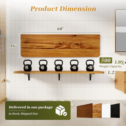 Dogsky Floating Wall Desk 60" x 16" - 500 lbs Heavy Duty Solid Pine - color: Golden Brown, size: 60" x 16"