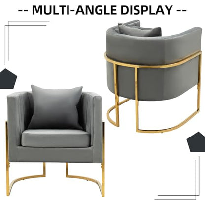 Velvet Accent Chair, Modern Barrel Arm Chair for Living Room/Bedroom/Guest Reception, Upholstered Club Armchair with Pillow & Gold Base, Grey - color: Grey, size: 1 PC