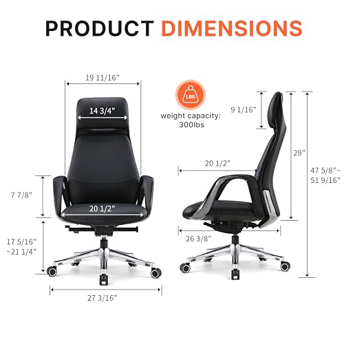 EUREKA ERGONOMIC Serene Executive Office Chair, Premium Nappa Leather High Back Boss Chair with Aluminum Base, Ergonomic Chair with Lumbar Support & Recline, Heavy Duty for Long-Hour Comfort, Black - color: Black