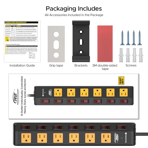 CRST 6 Outlet Metel Power Strip with Individual Switches 15A/1875W, 6FT - color: Yellow and Black, size: 6FT