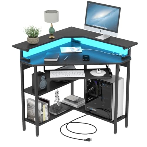 Triangle Corner Desk with Charging Station and LED Light for Small Space - color: Black Plus