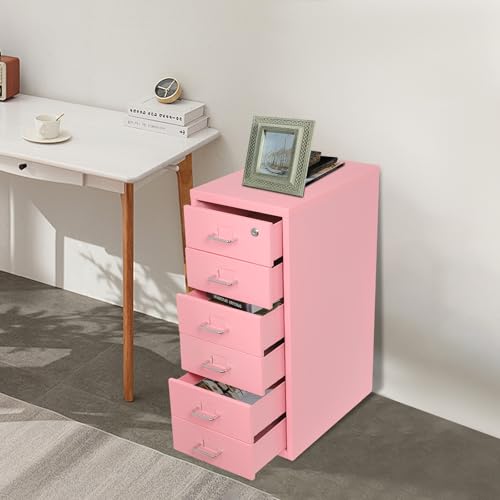 6 Drawer Mobile File Cabinet with Lock,Under Desk Metal Filing Cabinets for Home Office Organizer,Small Rolling Printer Stand with Wheels,for Letters,Legal,A4 (Pink) - color: Pink