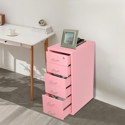 6 Drawer Mobile File Cabinet with Lock,Under Desk Metal Filing Cabinets for Home Office Organizer,Small Rolling Printer Stand with Wheels,for Letters,Legal,A4 (Pink) - color: Pink