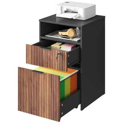 CHOEZON 2 Drawers File Cabinet with Open Storage, Black and Dark Walnut