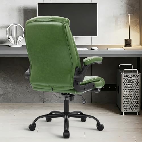 Executive Office Chair,Big and Tall Ergonomic Desk Chair with Adjustable Lumbar Support,Breathable PU Leather Computer Chair wih Flip-up Arms and Wheels,Green - color: Green