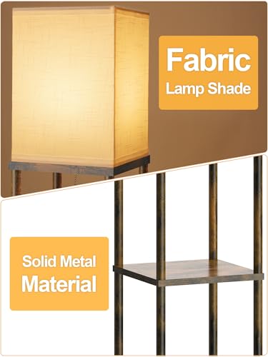 Floor Lamp with Shelves for Living Room Brown, Shelf Floor Lamp with 3 CCT LED Bulb, Corner Display Standing Column Lamp Etagere Organizer Tower Nightstand with White Linen Shade for Bedroom - color: Rustic Brown