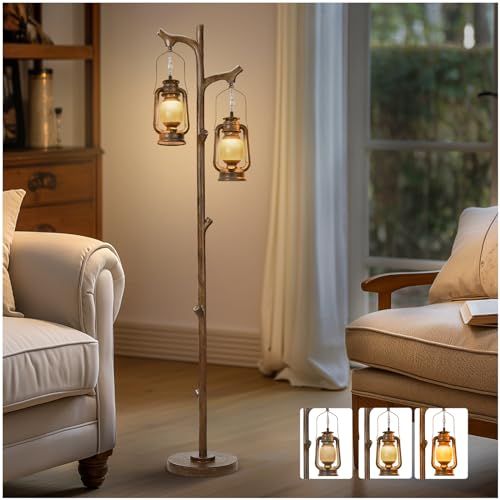 Scenekoy 68" Rustic Tree Trunk Floor Lamp with Lantern, Stepless Dimmable | Farmhouse Country Brown Finish, Vintage Standing Lamp, Industrial floor Lamp, Decor for Bedroom Living Room Office Hotel - color: Brown