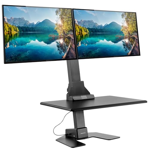 Mount-It! Dual Monitor Electric Standing Desk Converter, Sit-Stand Riser | Stand up desk riser holds 2 screens up to 32" on VESA mount arms; height-adjustable 28" desktop for home, office & school - color: Black, size: Dual Monitor