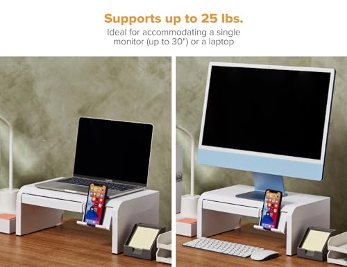 Bostitch Konnect Adjustable Monitor Riser with Drawer & Cell Phone Holder, Laptop Stand for Desk, 4 Height Levels, Cable Management & Rubber Feet - color: White, style: Deluxe Laptop Stand