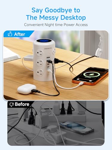 10FT Tower Power Strip with Dedicated 20W PD USB-C Port - color: White, size: 10FT