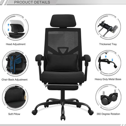 Qulomvs Ergonomic Office Chair with Footrest Home Office Desk Chair with Headrest and Backrest Adjustable Mesh Computer Desk Chair with Wheels 360 Swivel Task Chair - color: Black(upgrade Comfort With Pillow)