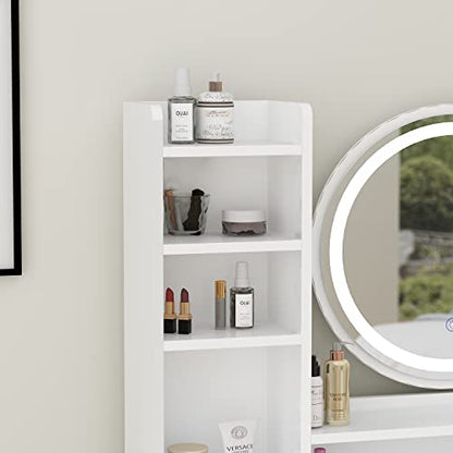 ECACAD Vanity Desk Set with LED Lighted Round Mirror, Makeup Dressing Table with 5 Drawers, Storage Shelves & Cushioned Stool for Bedroom, White - style: White-With Light