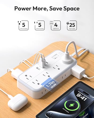 Flat Extension Cord 25 FT, NTONPOWER Long Power Strip, 10 Outlets 4 USB Ports (2 USB C), 3 Side 3 Prong & 2 Prong, Overload Protection, Flat Plug Wall Mount, White, SurgePro - size: 25 FT