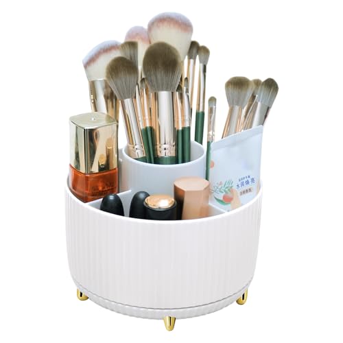 Makeup Brushes Holder Organizer,360° Rotating Cosmetic display cases with 5 compartment Cosmetic and Skincare Organizers,Multi-Purpose Makeup Brush Holder for Bathroom Vanity Desktop Decor