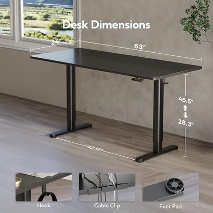 Claiks Electric Height Adjustable Standing Desk, 63x24 Inch, Black | Smooth Height Adjustment, 3 Memory Presets, Cable management hub & hook, Stable Steel Frame, 156 lbs Capacity, Easy Assembly - color: Black, size: 63