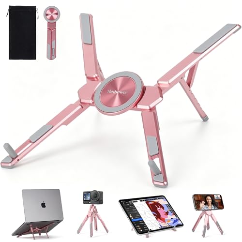 4-in-1 Portable Laptop Stand with Magnetic Phone Holder & Camera Tripod, Adjustable Aluminum Stand for Laptop, Tablet & iPhone, Foldable Ergonomic Setup for Home Office & Content Creation (Rose Gold) - color: Rose Gold