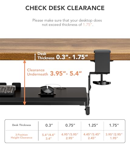Hemudu Keyboard Tray Under Desk Pull Out with Extra Sturdy C Clamp Mount System, 27.3 (32.5 inch Including Clamps) x 11 Inch Slide-Out Platform Computer Drawer for Typing Black