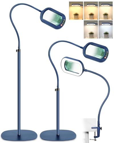 12X Rectangle Magnifying Glass with Light and Stand, 24" Flexible Gooseneck 3-in-1 Floor Lamp, 5 Color Modes Stepless Dimmable, LED Lighted Hands Free Magnifier for Reading Painting Close Work - Blue - color: Blue