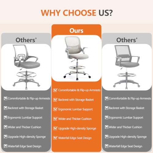 Sweetcrispy Tall Drafting Chair, High Office Desk Chair with Lumbar Support | Adjustable Height, Comfy Flip-up Arm, Footrest, 360° Rolling Counter Stool, Grey - color: Grey, size: 48.4 inches (H) x 24 inches (W) x 25.2 inches (D)