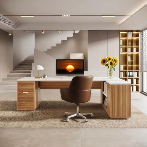Tribesigns 86" Modern L-Shaped Executive Desk,(White & Brown) | Extra Large Office Desk with File Drawers, Business Desk Workstation with Door Cabinet, Shelves for Home Office