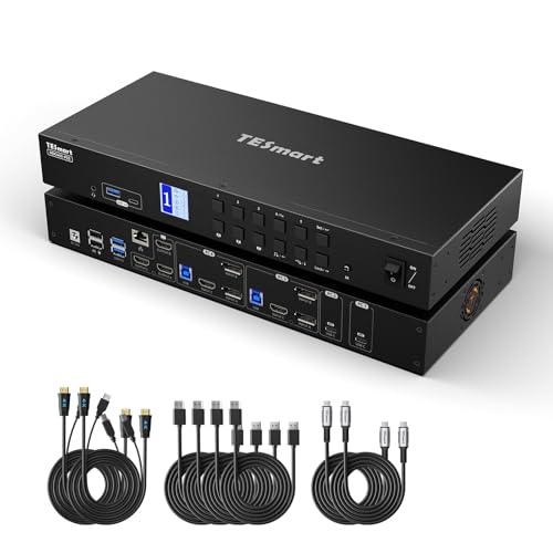 TESmart USB 3.0 HDMI+DP+USB C KVM Switch 3 Monitors 4 Computers 4K@60Hz, 4 Port Triple Monitor KVM Switch MST, 60W PD for Laptop, 1G Ethernet, EDID Emulators, Hotkey Switch, Rack-Ears