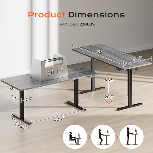 Huuger 63 x 28 Large Electric Standing Desk, Height Adjustable Computer Desk, 27.6" Deep Desktop, Stand up Gaming Office Table with 2 Hooks, 3 Preset Heights, for Home Office, Grey - color: Grey, size: 63*28 inch (no outlets)