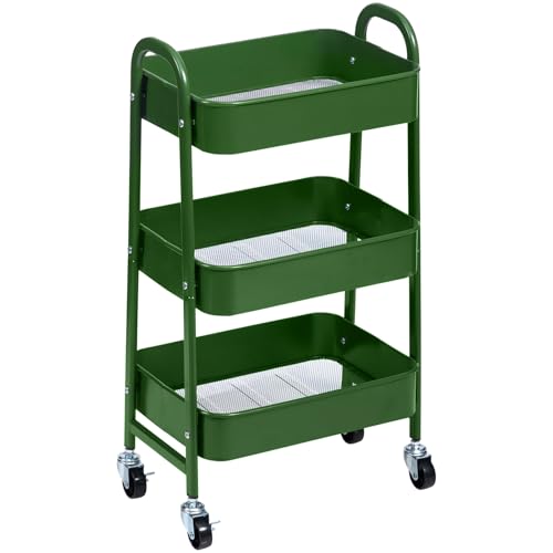 AGTEK 3 Tier Utility Rolling Cart with Lockable Wheels, Metal Multifunctional Storage, Organizer Cart for Kitchen, Office, Living Room, Makeup, Craft, Art Studio, Forest Green - color: Forest Green