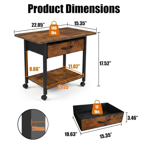 22" x 15" Under Desk Rolling Printer Stand, 2-Tier Industrial Mobile Printer Table with Strong Fabric Drawer,Storage Shelf, Steel Frame and Lockable Wheels, Printer Cart for Home Office (Rustic Brown) - color: Rustic Brown