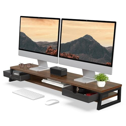Fenge Dual Monitor Stand Riser, 42.5in Desk Shelf with 2 Drawers, Brown - color: Brown
