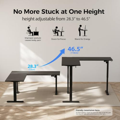 Agilestic L Shaped Electric Standing Desk Adjustable Height, 75 Inch, Black - color: Black, size: 75 x 61 Inch