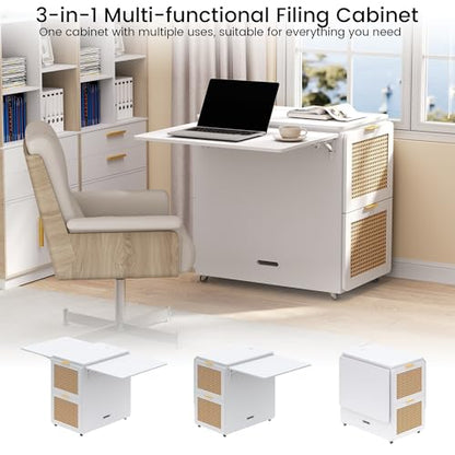 62.7" Folding Desk with 4 Drawer File Cabinet, Space-Saving Desk | Mobile Foldable Workstation for 2 Person, for Renters, Studio Dwellers, Built-in Power Outlets, Flip-top Hidden Storage
