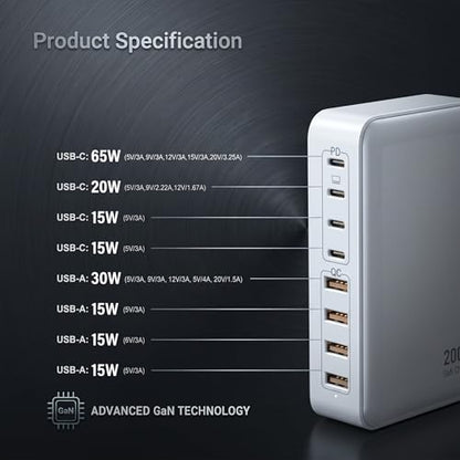 200W USB C Charger USB C Charger Block,Upgraded GaN III 8-Port Fast Charging Station Hub,PD 65W Laptop Charging Adapter Compatible with MacBook Pro/Air,DELL,Steam Deck,iPhone 16/15/14,Galaxy S23/22 - size: 200W