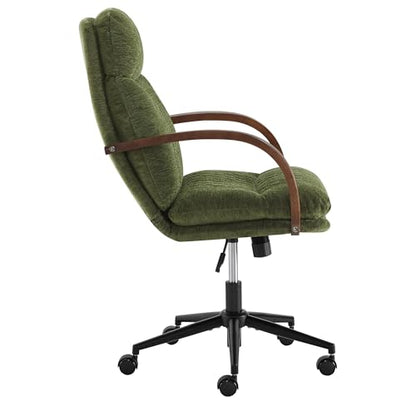 KISLOT Home Office Desk Chair, Ergonomic Office Chair with Lumbar Support, Adjustable Swivel Computer Chair with Wheels, Fabric Executive Task Chair with Wood Arms, Set of 2, Moss Green - color: Moss Green Fabric, size: Set of 2