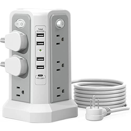 Surge Protector Power Strip Tower 10FT (4A1C) with PD18W USB C Port | Extension Cord with 12 AC Mutiple Outlets 5 USB Charging Ports, Power Tower for Home Office Dorm Room, Grey White - style: Gray White-4A1C