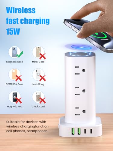 Tower Power Strip with 15W Wireless Charger, 10FT Flat Plug Extension Cord with Multiple Outlets, 12 AC Outlets, 4 USB Ports (2 USB C) Charging Station Surge Protector for Office Home Dorm Room(White) - color: White, size: 10FT with wireless charging