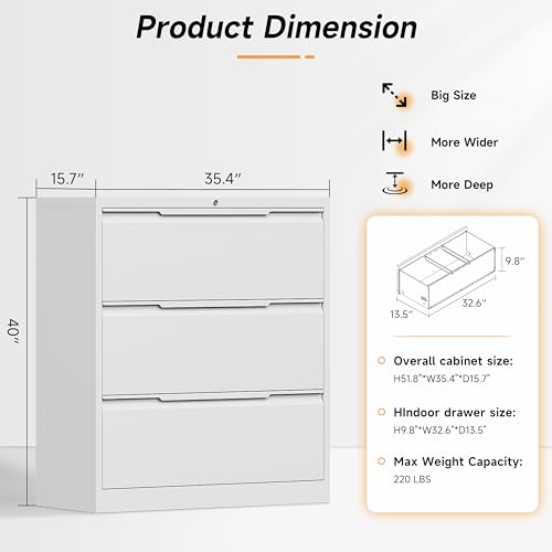 Bestoo 3 Drawer File Cabinet, Metal Lateral Filing Cabinet with Lock - color: White, size: 3 Drawer 15.7"D x 35.4"W x 40"H