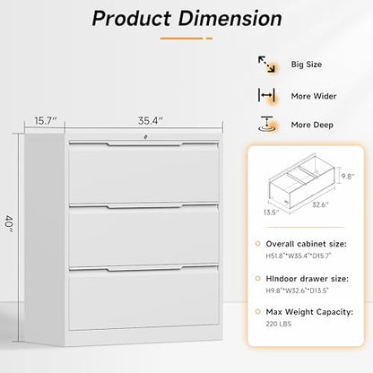 Bestoo 3 Drawer File Cabinet, Metal Lateral Filing Cabinet with Lock - color: White, size: 3 Drawer 15.7"D x 35.4"W x 40"H