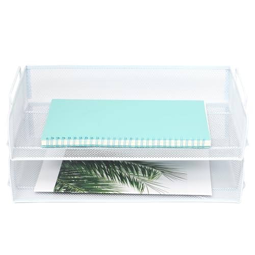 2 Pack Stackable Desk Paper Tray, Metal Mesh Desktop Document Letter File Organizer for Office Home School, 13.5'' L x 9.75'' W x 5.5'' H, White - color: 2 Pack White