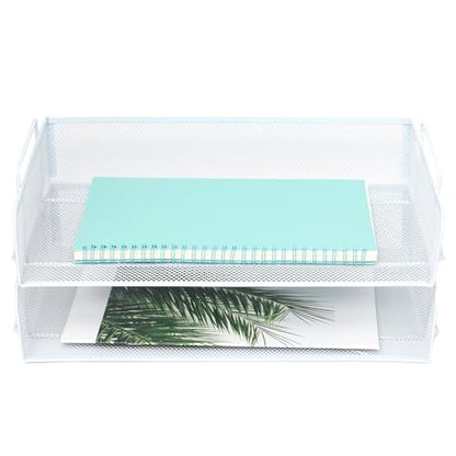 2 Pack Stackable Desk Paper Tray, Metal Mesh Desktop Document Letter File Organizer for Office Home School, 13.5'' L x 9.75'' W x 5.5'' H, White - color: 2 Pack White