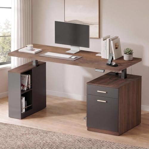 ModernMate Executive Standing Desk with File Drawers, Height Adjustable | 53" Electric Sit Stand Desk, AC Outlets USB Ports, Home Office Desk for Small Space, Black Walnut - color: Black Walnut