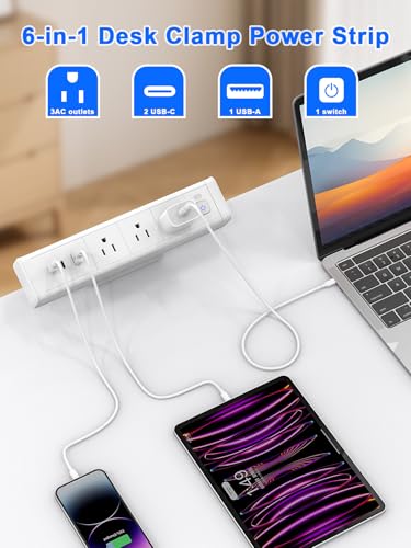 Desk Clamp Power Strip 3 Outlet 2 PD 20W USB-C Ports White - color: White