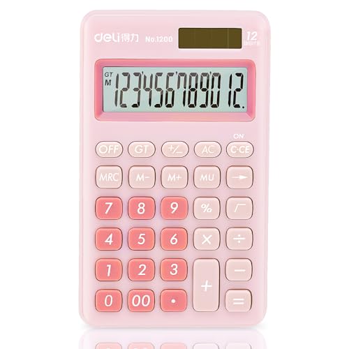 Deli Standard Function Basic Calculator, 12 Digit Desktop Calculator with Large LCD Display, Solar Battery Dual Power Office Calculators, Pink - color: Pink