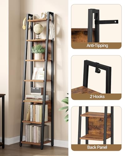 Hzuaneri Ladder Shelf, 7 Tier Narrow Bookshelf with 2 Back Panels | Corner Storage shelf with 2 Hooks, for Home Office, Living Room and Bedroom,12.2"D x 12.2"W x74.2''H,Rustic Brown BC31701B - size: 12.2"D x 12.2"W x 74.2"H