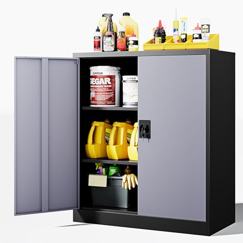 Letaya Metal Storage Cabinets with Lock Door,2 Adjustable Shelves Organizer Steel Storage Cabinets for Home,Office,Warehouse,Garage,Employee Lockers(Black Gray) - color: Black Grey, size: 16" D x 32" W x 36" H
