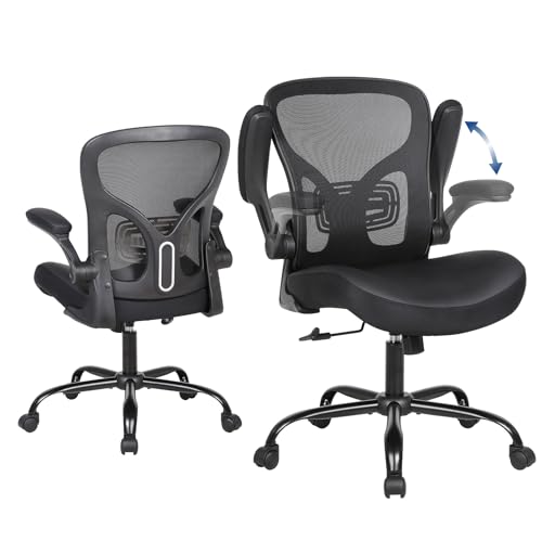 Ergonomic Office Chair, Flip-up Armrest, Mesh Back PU Leather Seat | Black Computer Desk Chair, Height Adjustable, Lumbar Support, Breathable Mesh Back, Thick PU Leather Cushion, 300lb Cap