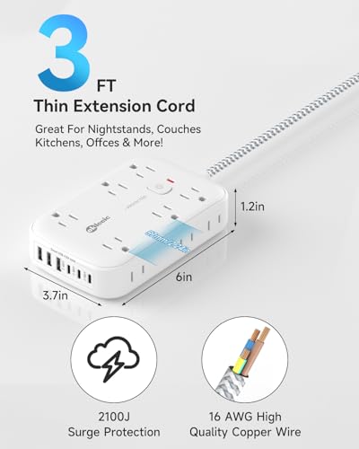 3FT Flat Multi Plug Extender 12 AC Outlets with 6 USB Wall Charger(3 USB C) - size: 3 FT, style: 12AC+3U3C