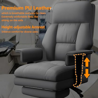 Office Chair with Leg Rest, Leather High Back Executive Office Chair with Wheels, Ergonomic Desk Chairs with Lumbar Support for Home Office - color: All Gray