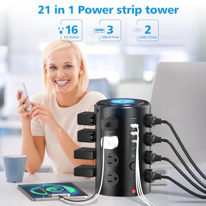 10FT Power Strip Tower Surge Protector,16 Wide‑Spaced Outlets & 5 USB Ports - size: 10FT without wireless charging