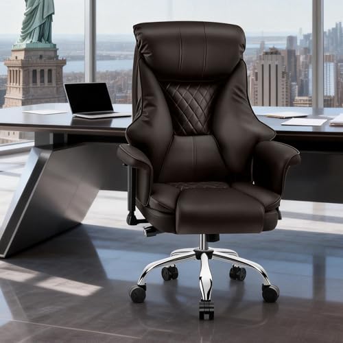 Big and Tall Office Chair - Executive High Back Leather Office Desk Chair with Adjustable Lumbar Support - Ergonomic Comfortable Heavy Duty Computer Gaming Chair with Padded Arms & Wide Seat - color: Brown